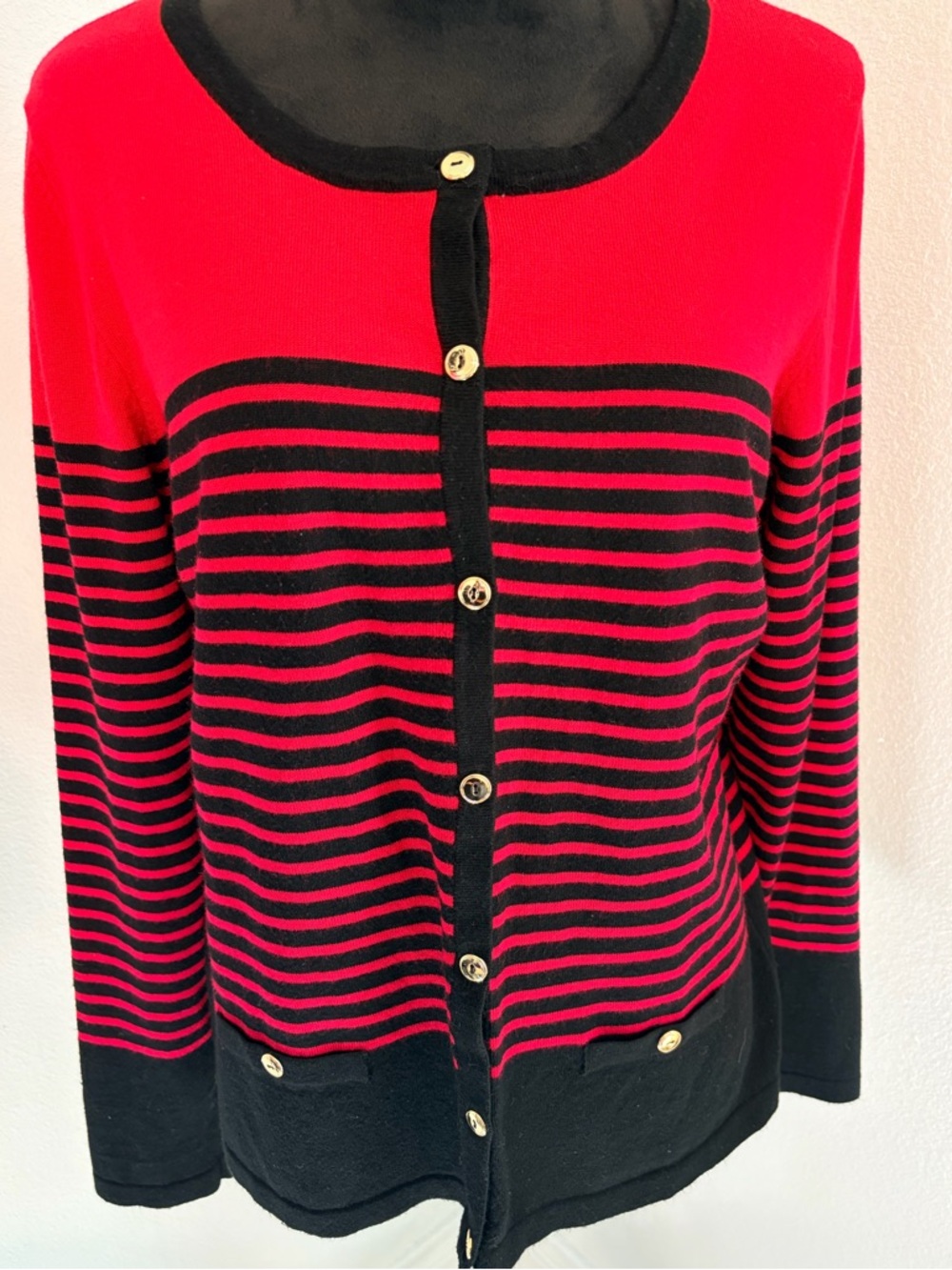 Karen Scott Red and Black Striped Button-Front Cardigan Excellent Condition